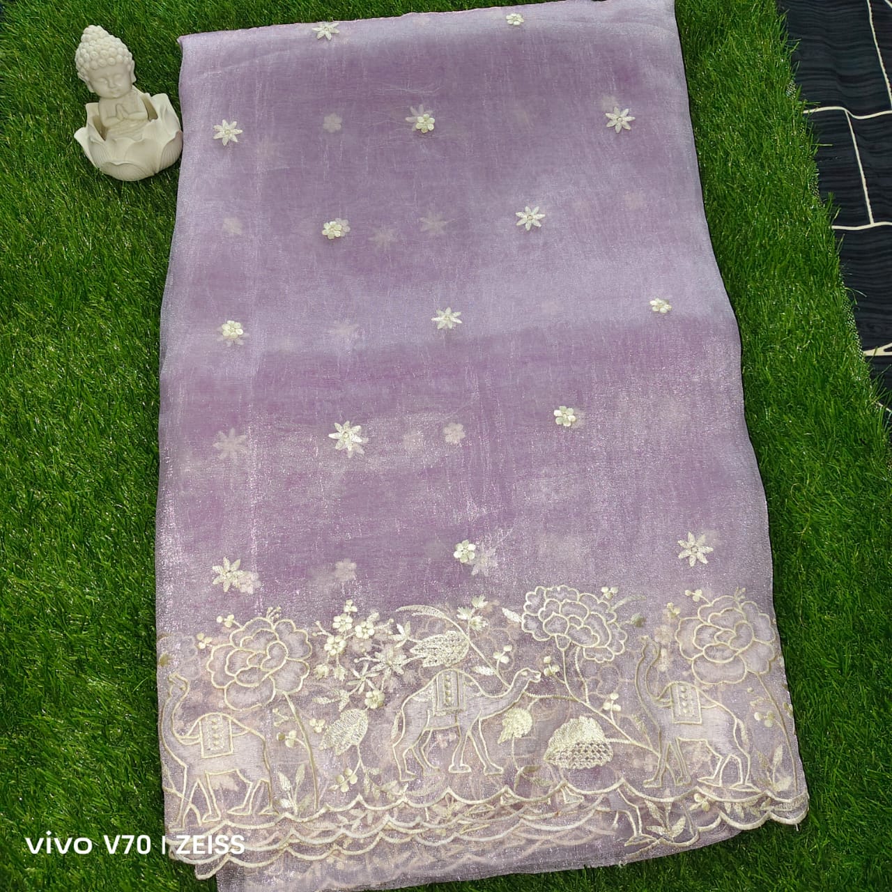 Premium Lavender Tissue Organza Saree with Intricate Applique Embroidery