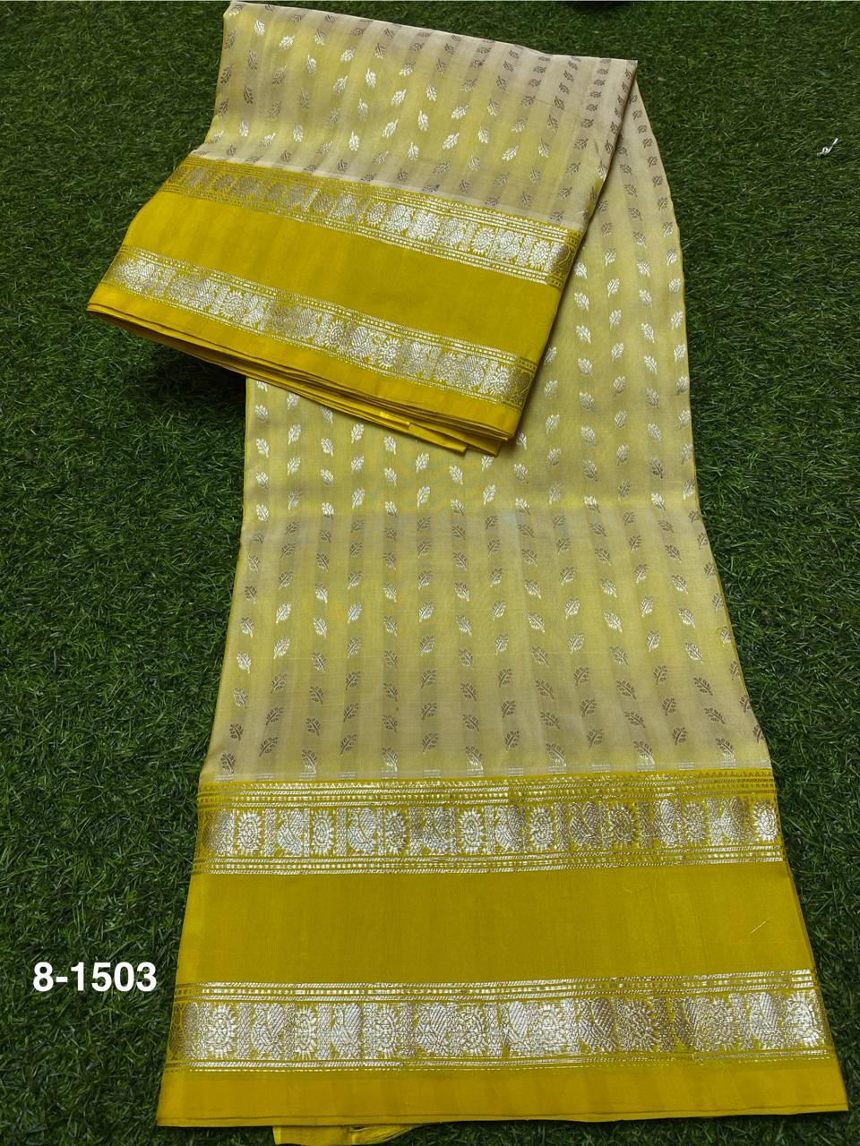 Venkatagiri Pure Handloom Pattu Saree with 6 Inch Gap Border and Handwork Buta – Cream & Yellow