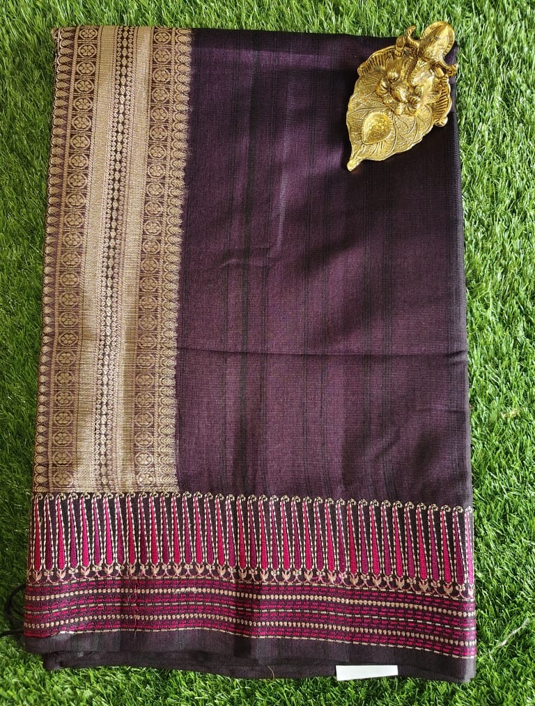 Elegant Wine Jute Linen Saree with Rich Gold Brocade