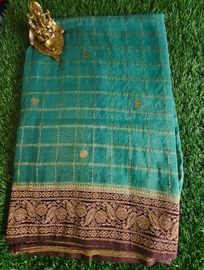 Elegant Sky Blue Khaddi Georgette Saree with Wine Contrast Border and Gold Checks Design