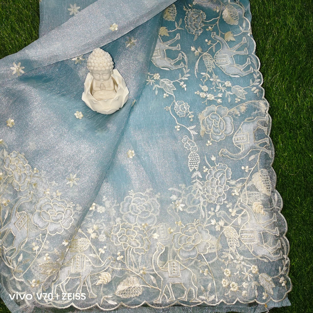 Premium Ice Blue Tissue Organza Saree with Intricate Applique Embroidery