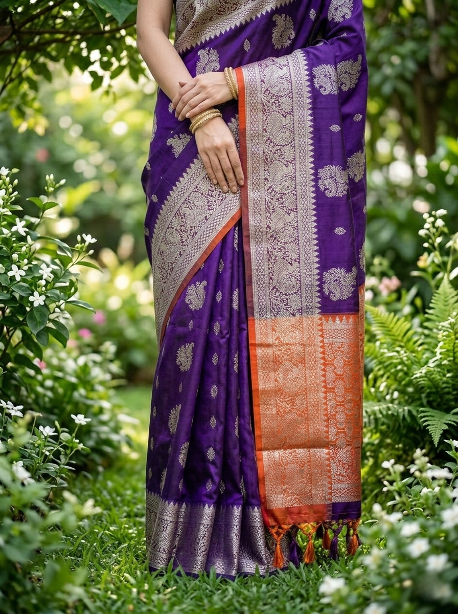 Venkatagiri Pure Handloom Pattu Saree with 10 Inch Rich Zari Border and Handwork Buta – Purple & Orange
