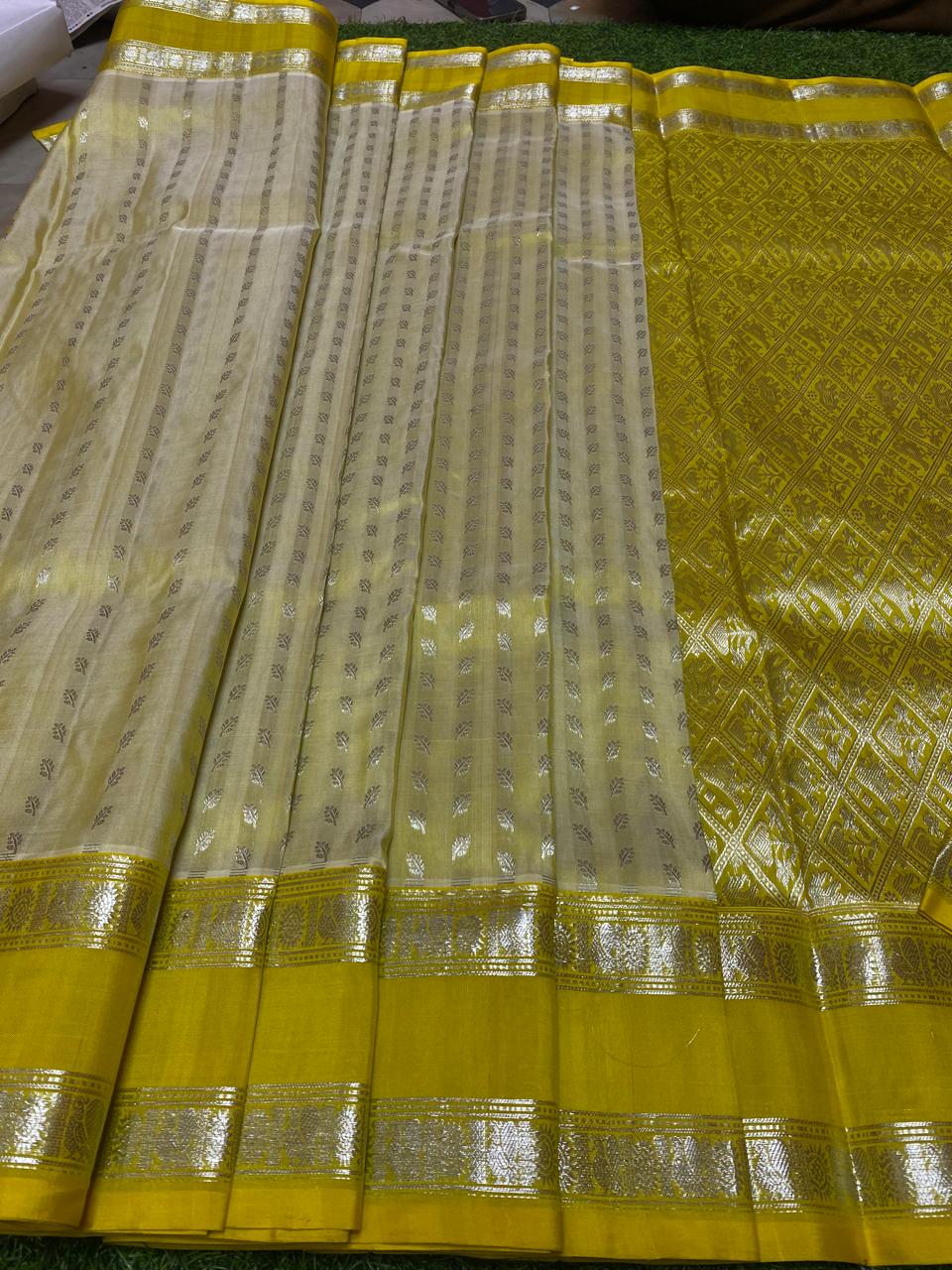 Venkatagiri Pure Handloom Pattu Saree with 6 Inch Gap Border and Handwork Buta – Cream & Yellow