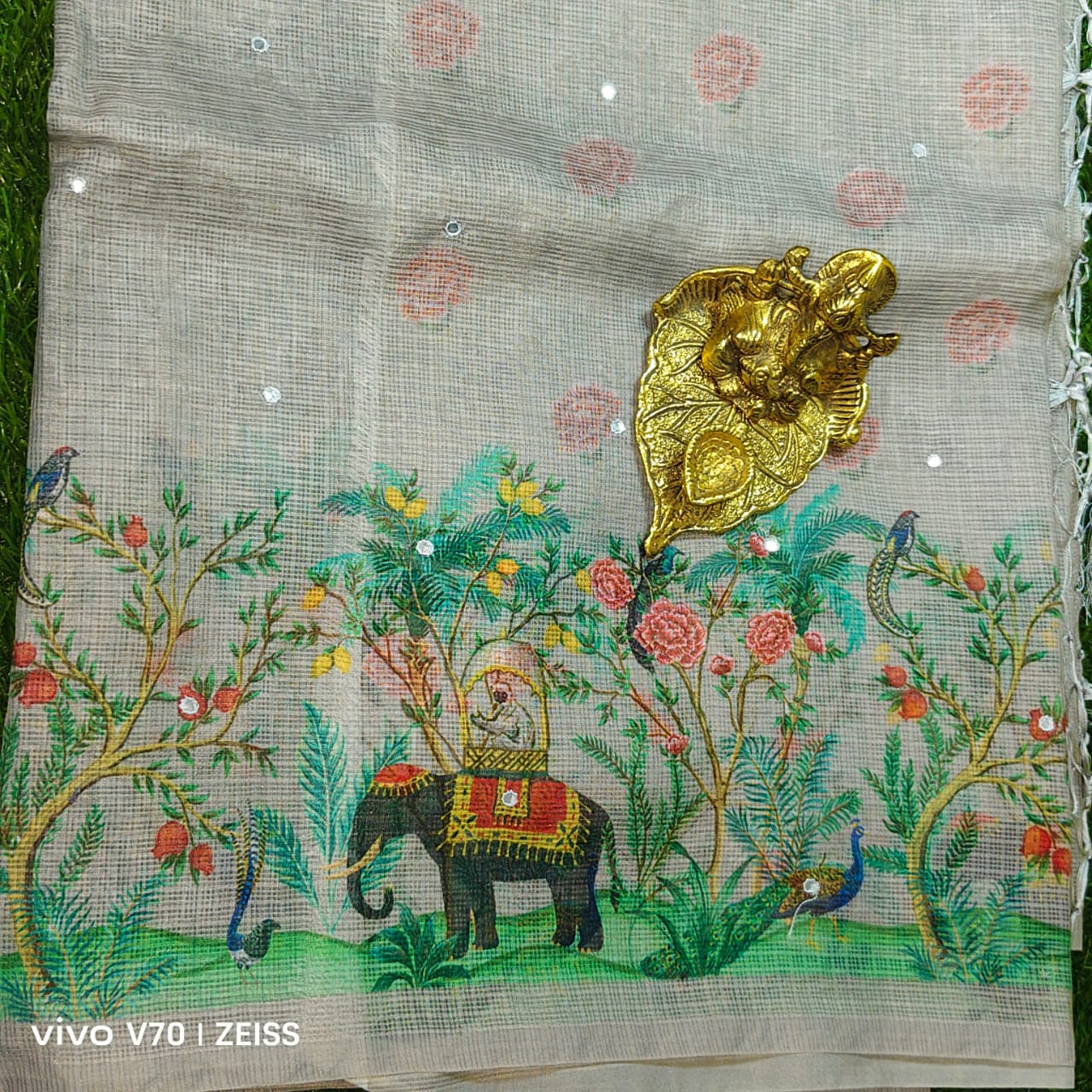 Beautiful Grey Printed Kota Doria Saree with Elephant & Peacock Motifs