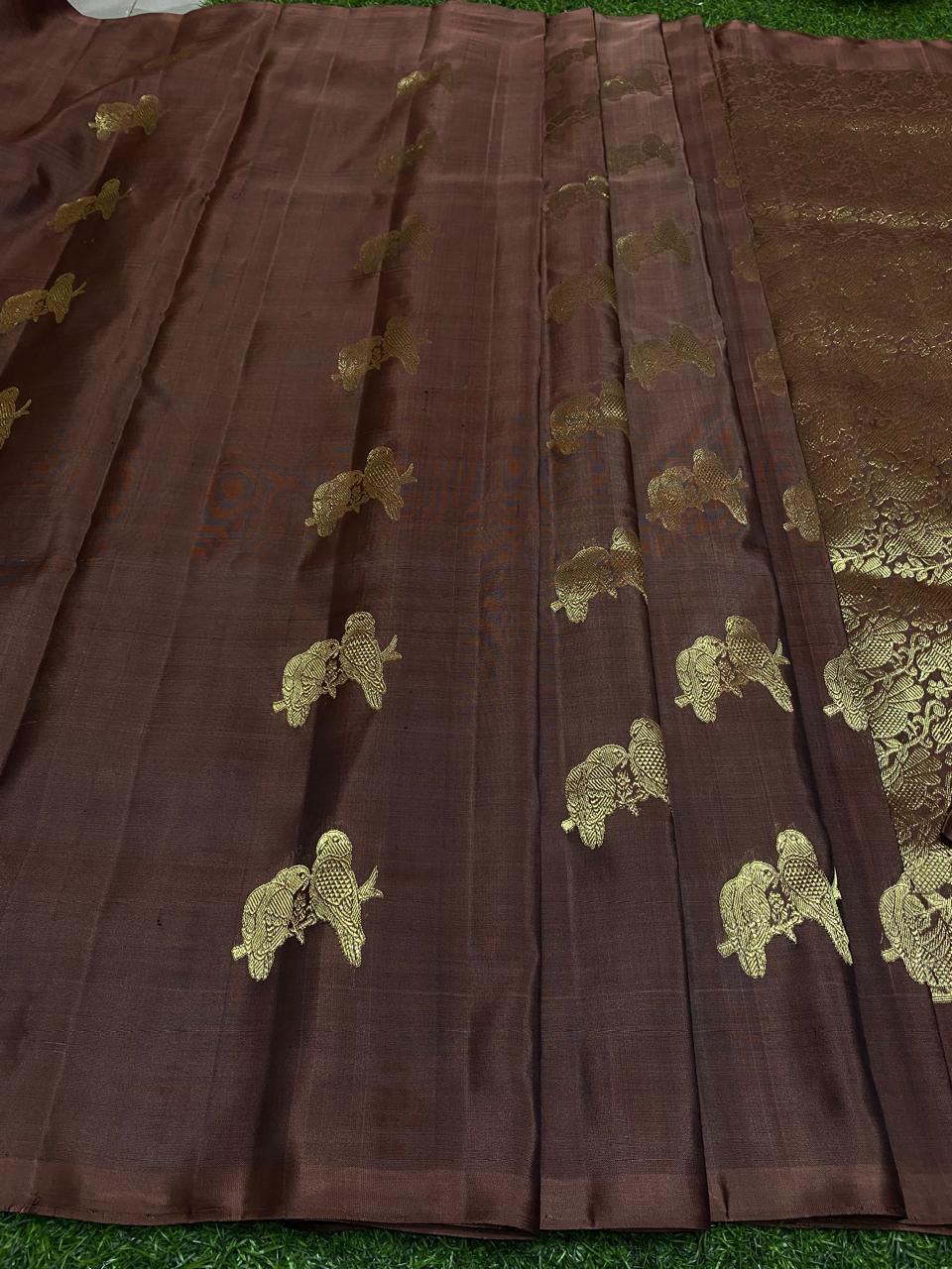 Venkatagiri Pure Handloom Pattu Borderless Saree with Handwork Buta – Brown with Gold Zari
