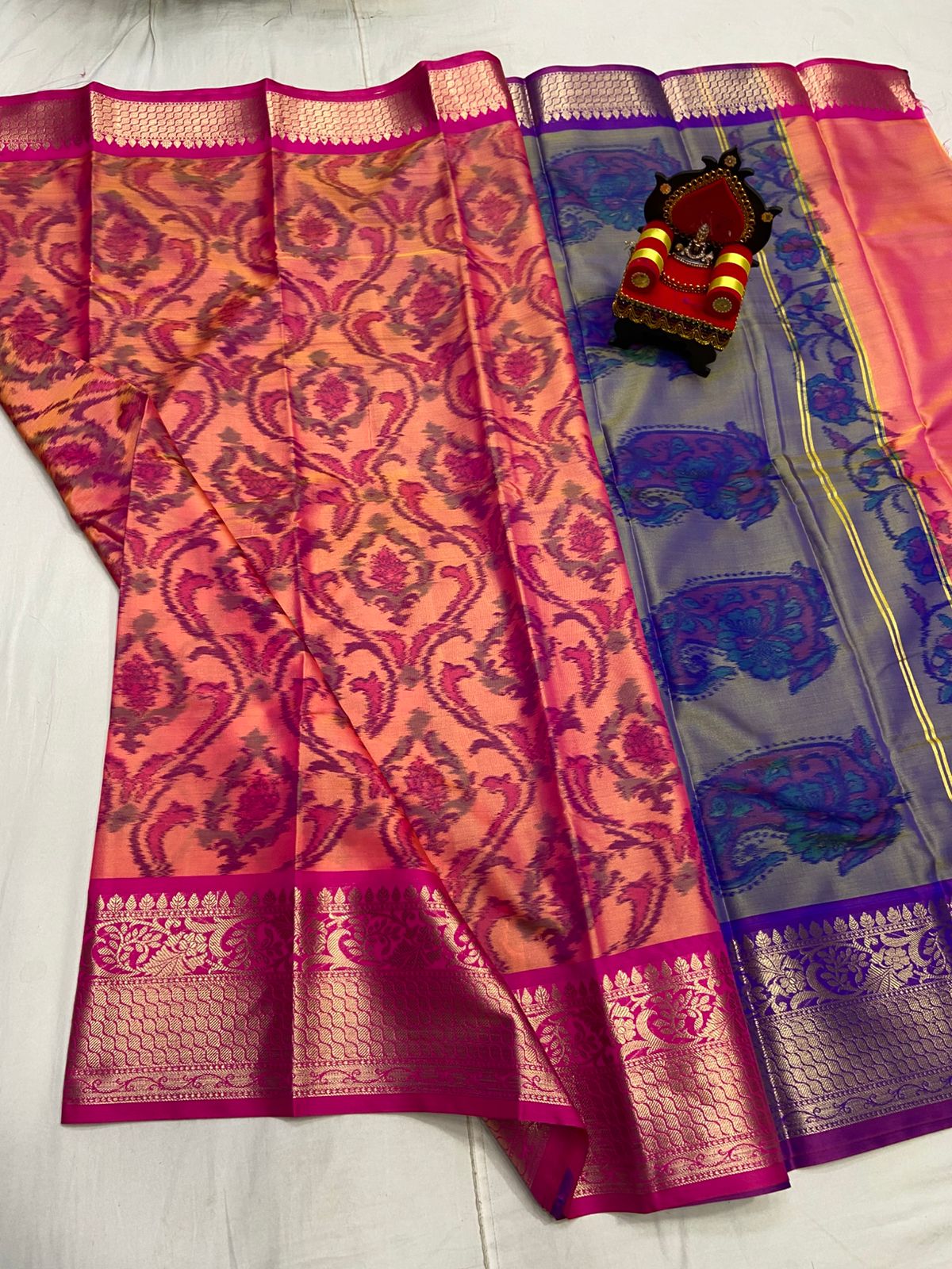Soft Silk Pochampally Saree with Mini Pythoni Border and Contrast Pallu