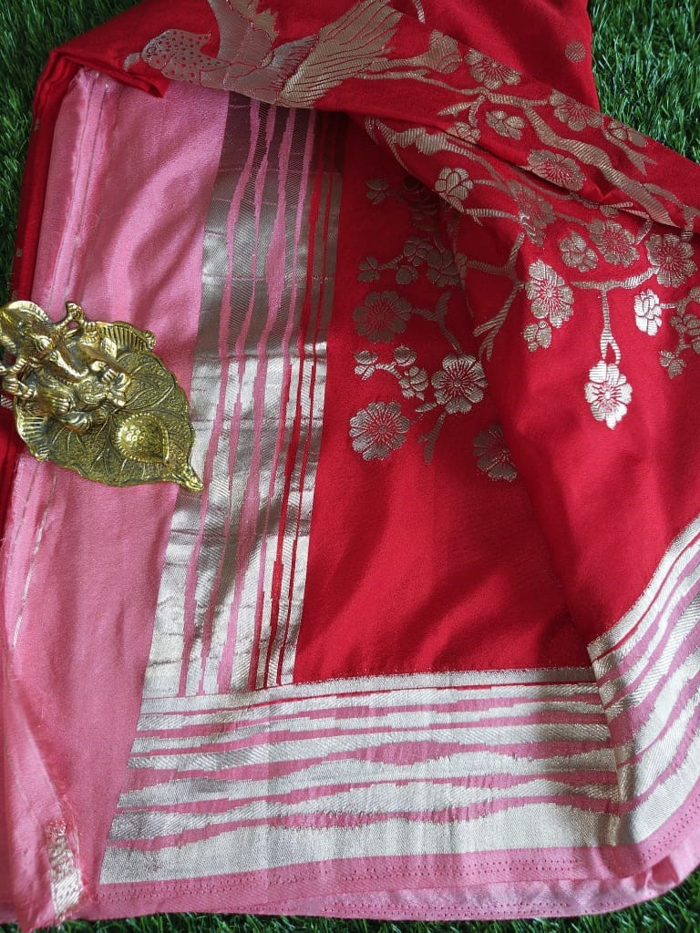 Red Georgette Saree with Pink Border and Gold Zari Weaving