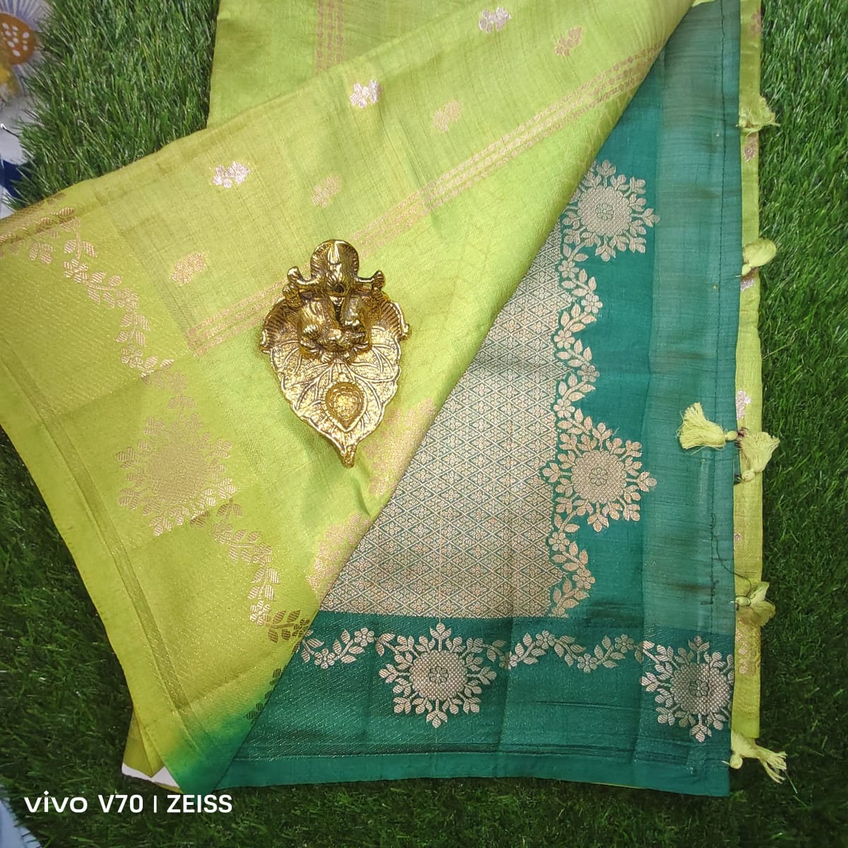 Elegant Soft Parrot Green Tussar Silk Saree with Emerald Green Contrast Pallu