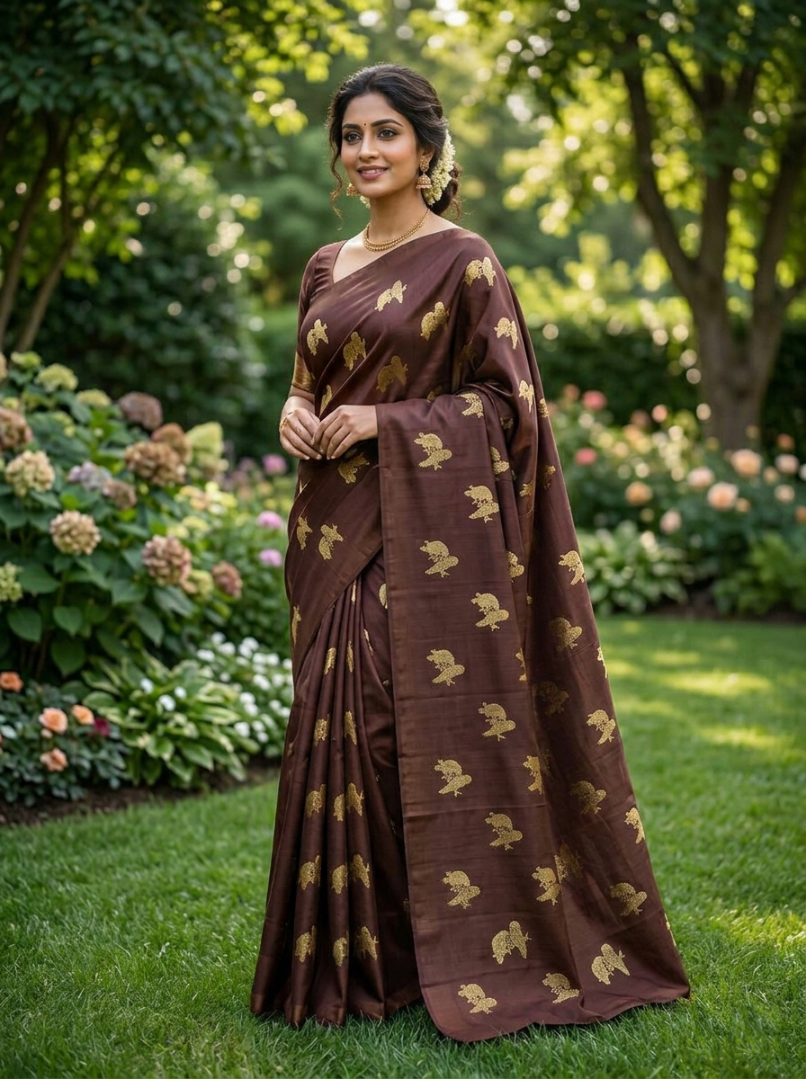 Venkatagiri Pure Handloom Pattu Borderless Saree with Handwork Buta – Brown with Gold Zari