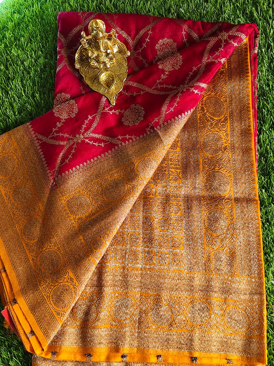Red Khaddi Jaal Pure Georgette Saree with Antique Zari Work and Yellow Border