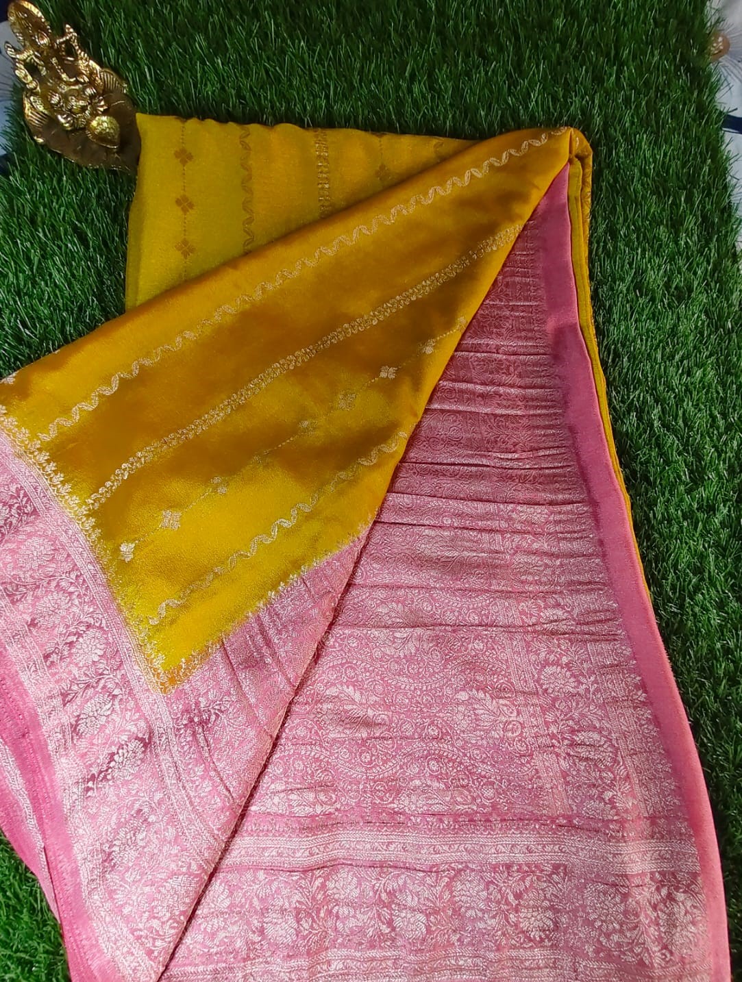 Mustard Yellow Georgette Saree with Pink Zari Brocade Pallu