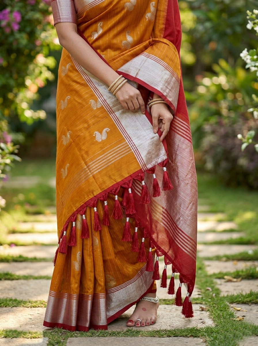 Venkatagiri Pure Handloom Pattu Saree with 6 Inch Kaddi Border and Hand Buta – Mustard Yellow & Red