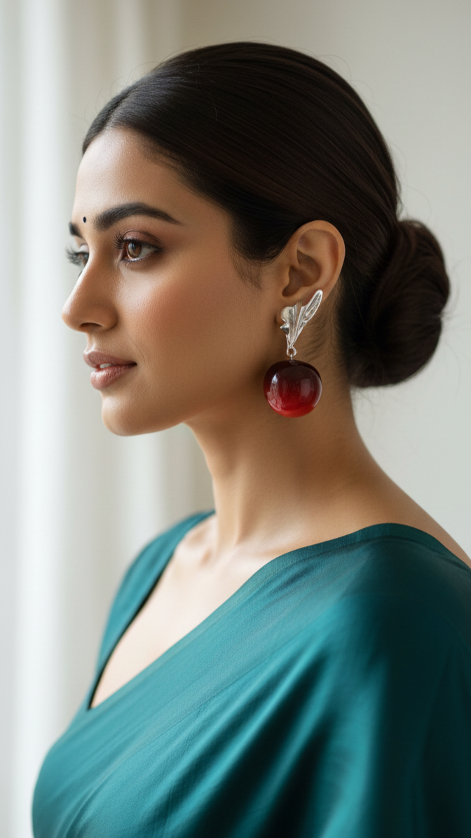 Deep Cherry Silver Leaf Jewel Drop Earrings