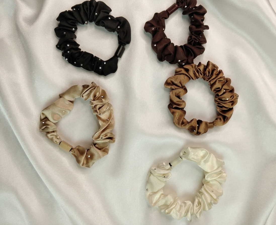 Sahara Silk: Crystal-Studded Champagne Satin Scrunchie