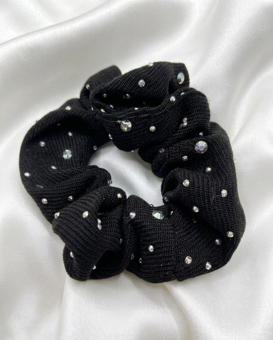 Starlight Ribbed Scrunchie: Crystal-Embellished Luxe Hair Tie