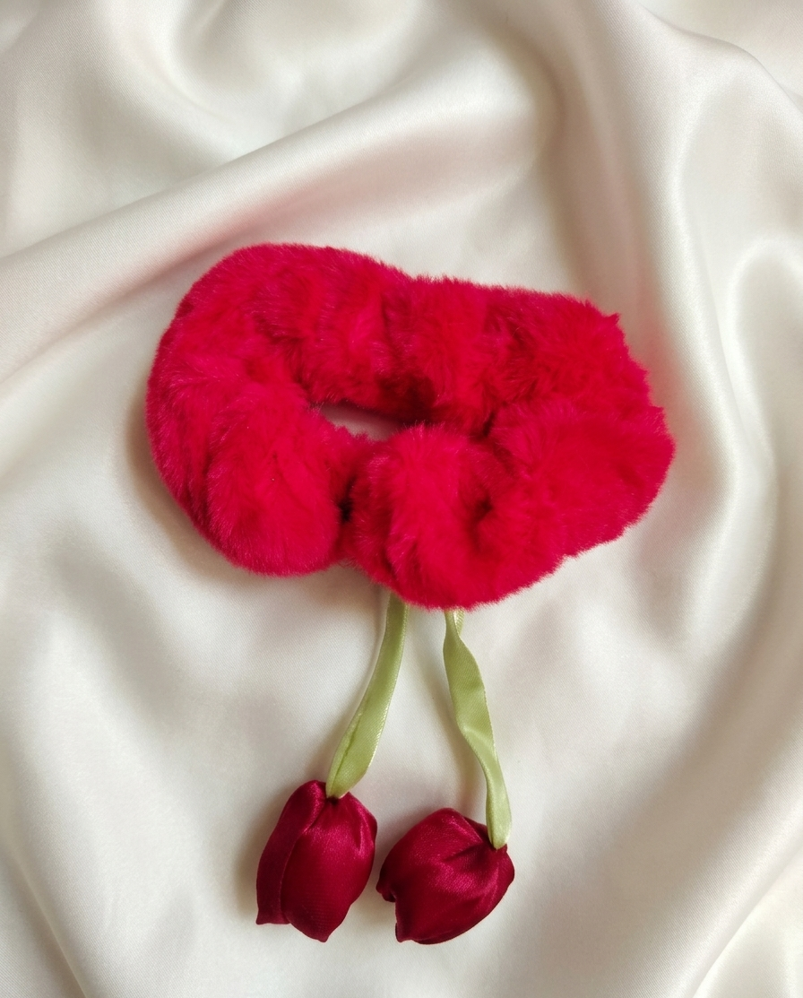 Enchanted Tulip: Plush Fur & Satin Charm Scrunchie