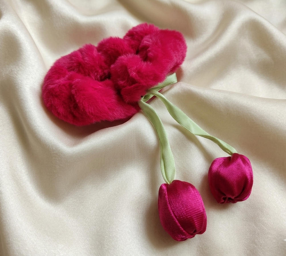 Enchanted Tulip: Plush Fur & Satin Charm Scrunchie