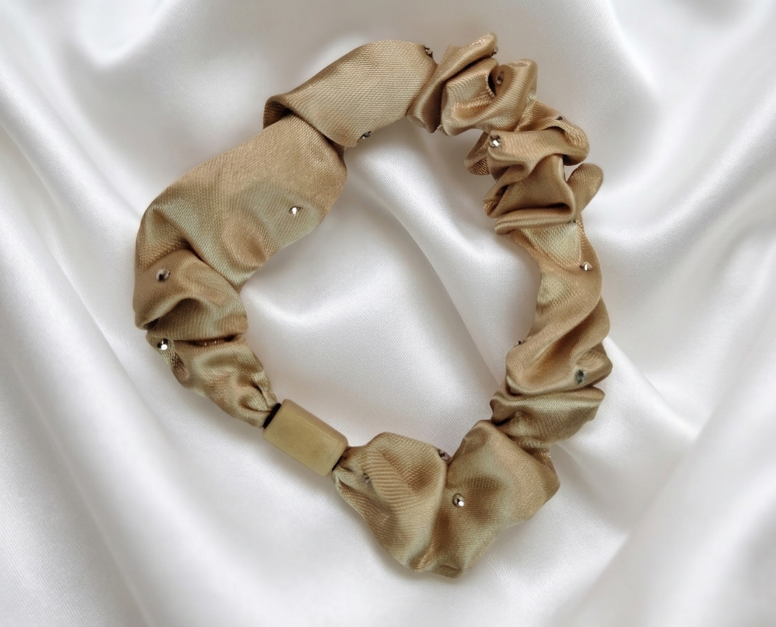 Sahara Silk: Crystal-Studded Champagne Satin Scrunchie