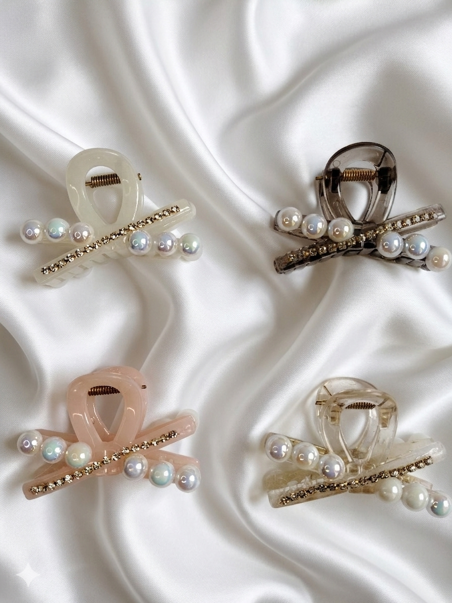 Pearlescent Sparkle: Cross-Bar Crystal & Pearl Claw Clip