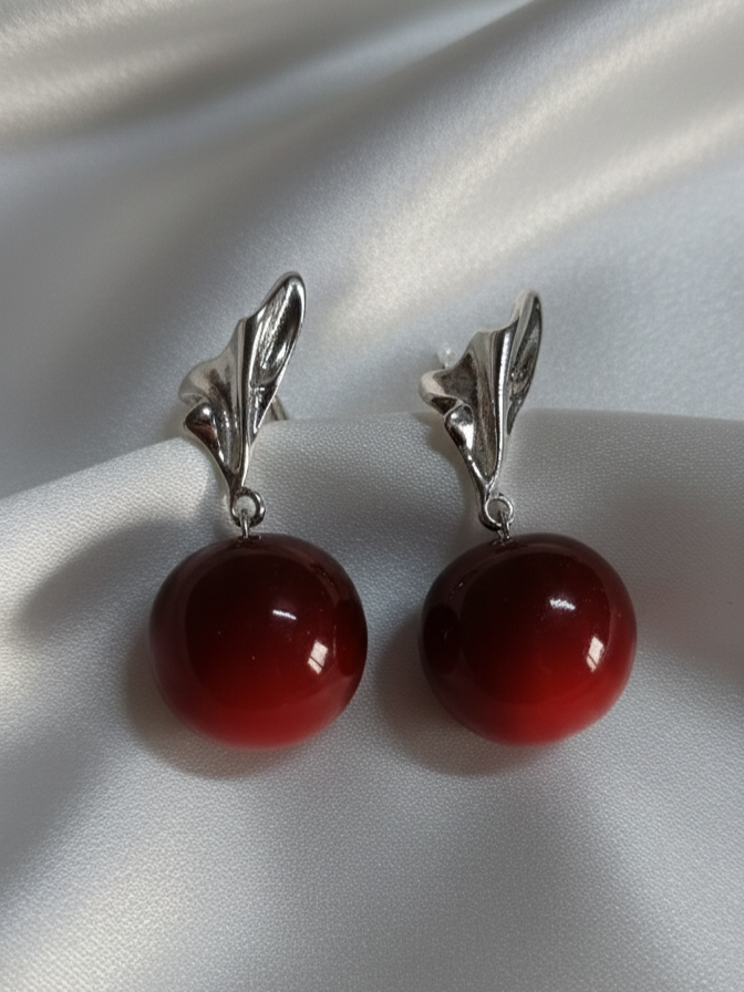 Deep Cherry Silver Leaf Jewel Drop Earrings