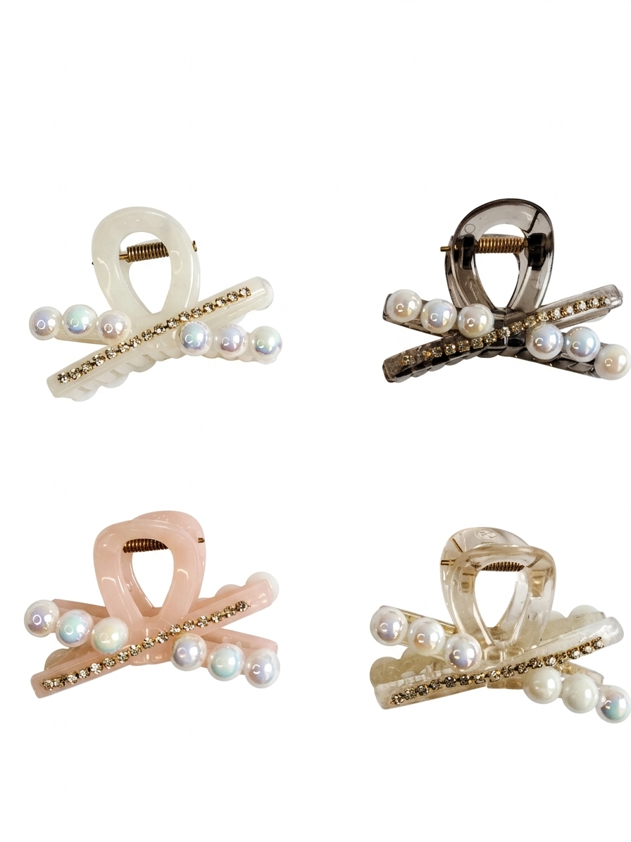 Pearlescent Sparkle: Cross-Bar Crystal & Pearl Claw Clip