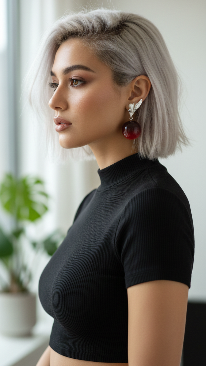 Deep Cherry Silver Leaf Jewel Drop Earrings