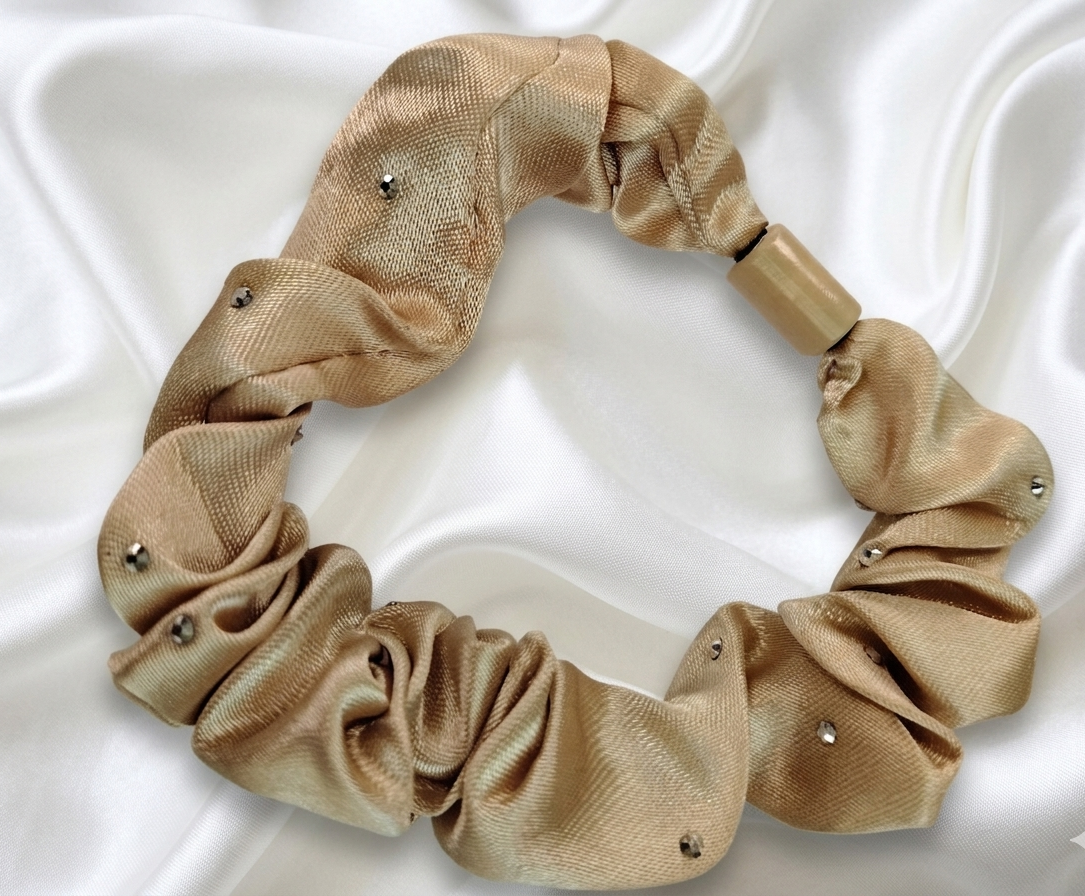 Sahara Silk: Crystal-Studded Champagne Satin Scrunchie