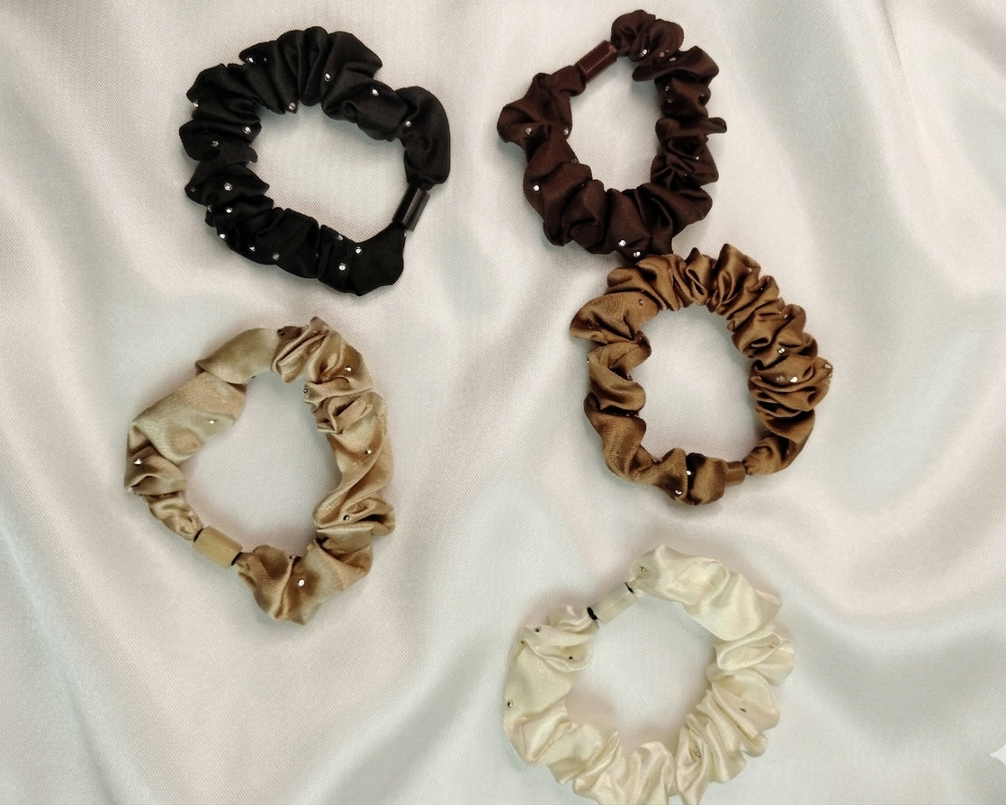 Sahara Silk: Crystal-Studded Champagne Satin Scrunchie