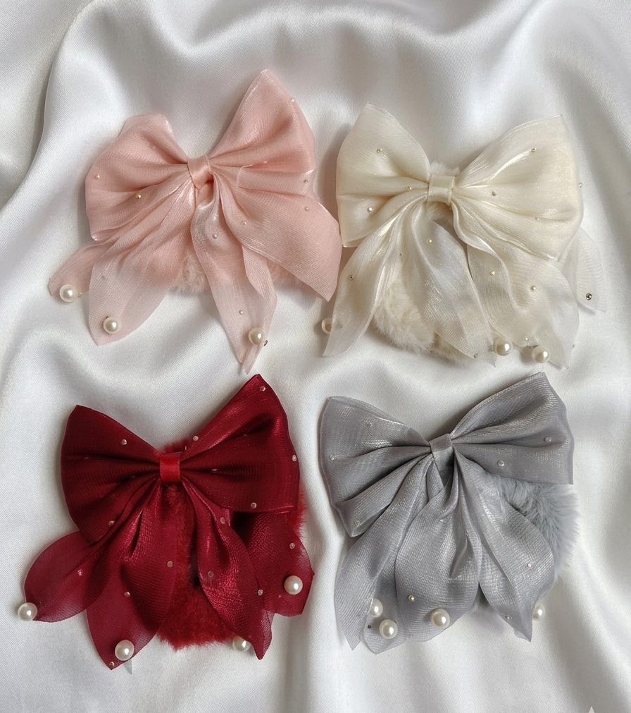 Radiant Royale: Pearl-Encrusted Organza Bow Scrunchie