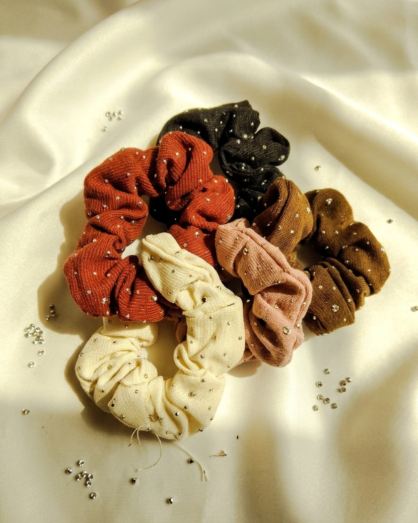 Starlight Ribbed Scrunchie: Crystal-Embellished Luxe Hair Tie