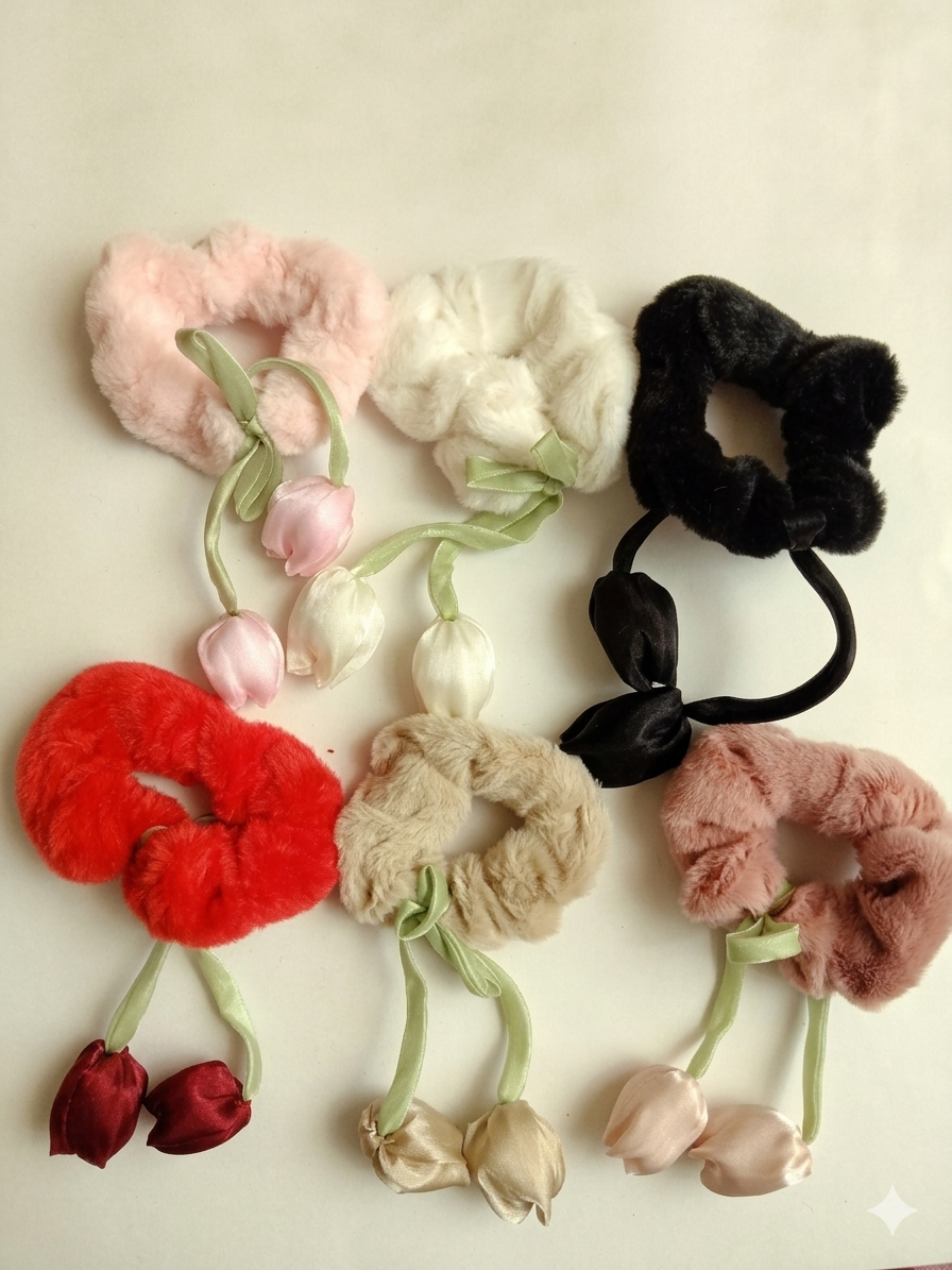 Enchanted Tulip: Plush Fur & Satin Charm Scrunchie