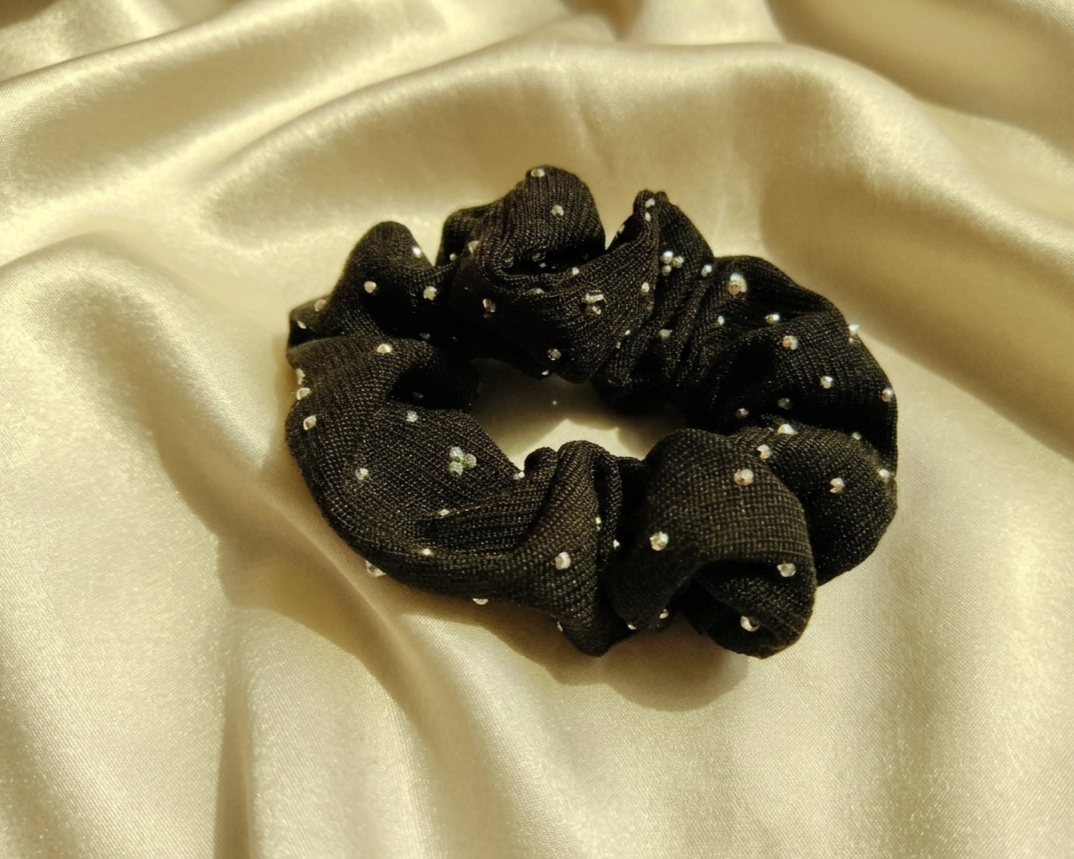 Starlight Ribbed Scrunchie: Crystal-Embellished Luxe Hair Tie