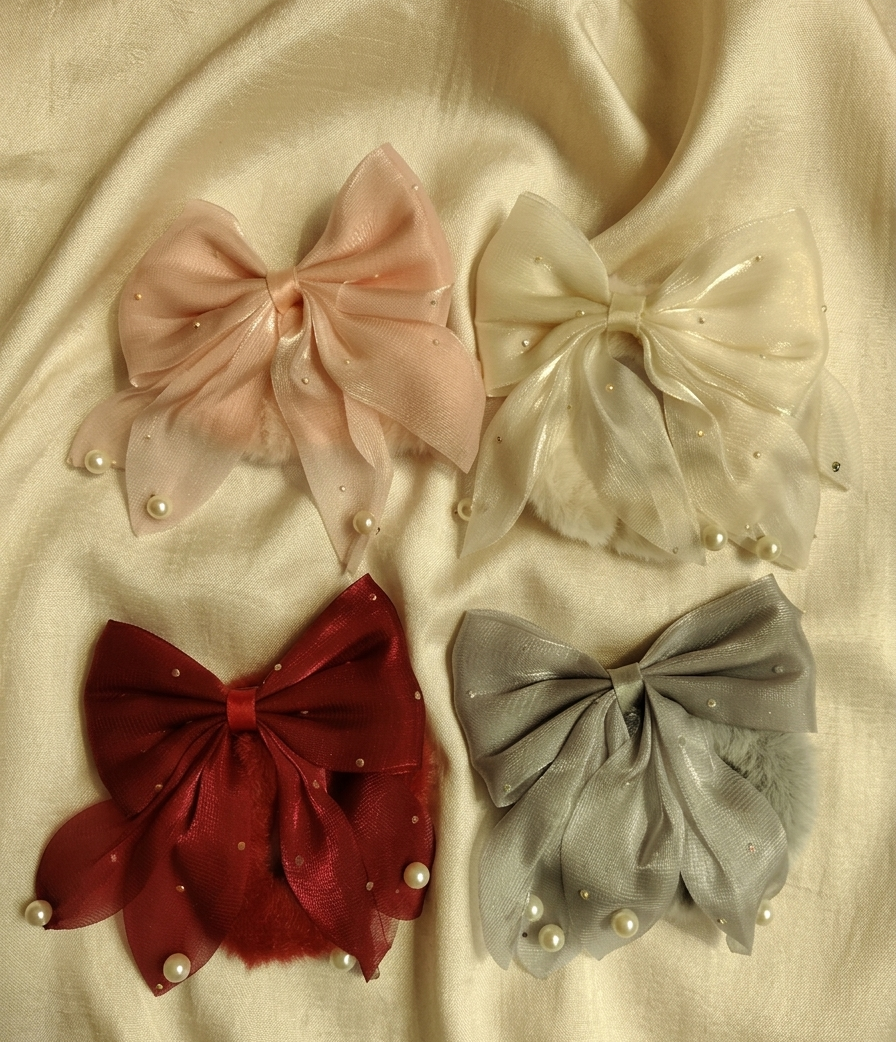 Radiant Royale: Pearl-Encrusted Organza Bow Scrunchie