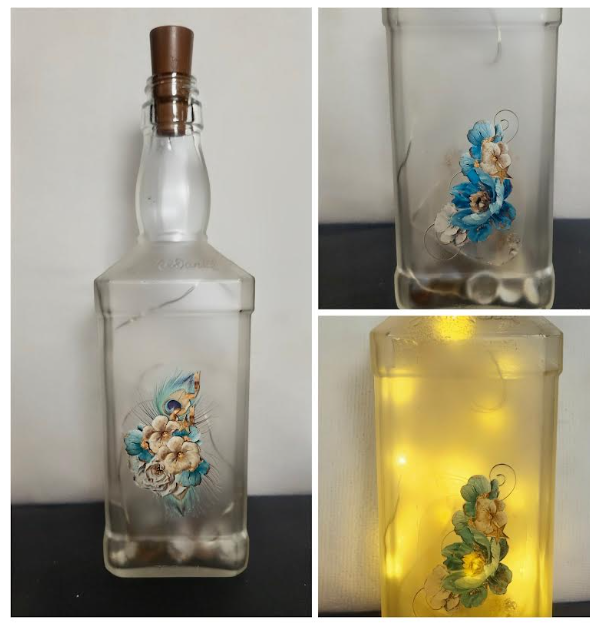 Illuminated Bluebird/Blue Flowers Wine Bottles