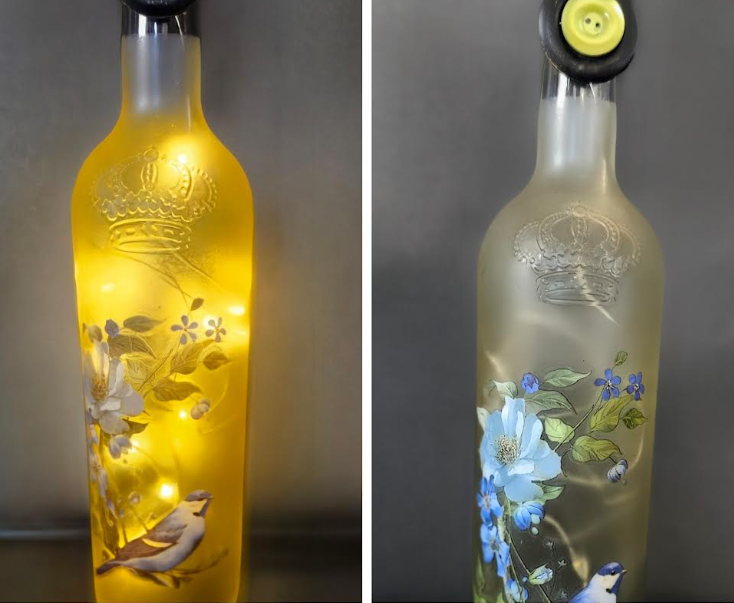 Illuminated Bluebird/Blue Flowers Wine Bottles