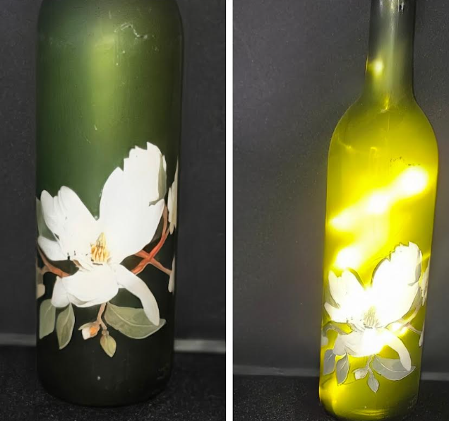 Illuminated White Flower Wine Bottles