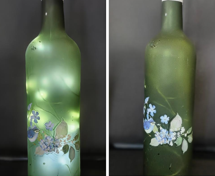 Illuminated Bluebird/Blue Flowers Wine Bottles