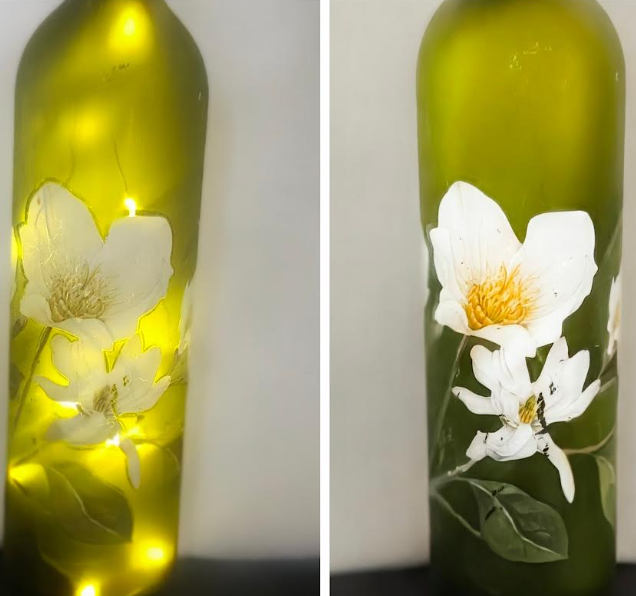 Illuminated White Flower Wine Bottles