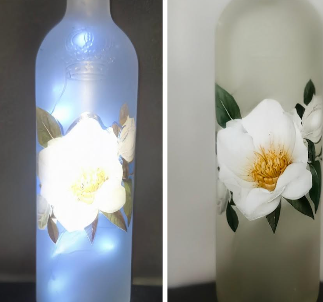 Illuminated White Flower Wine Bottles
