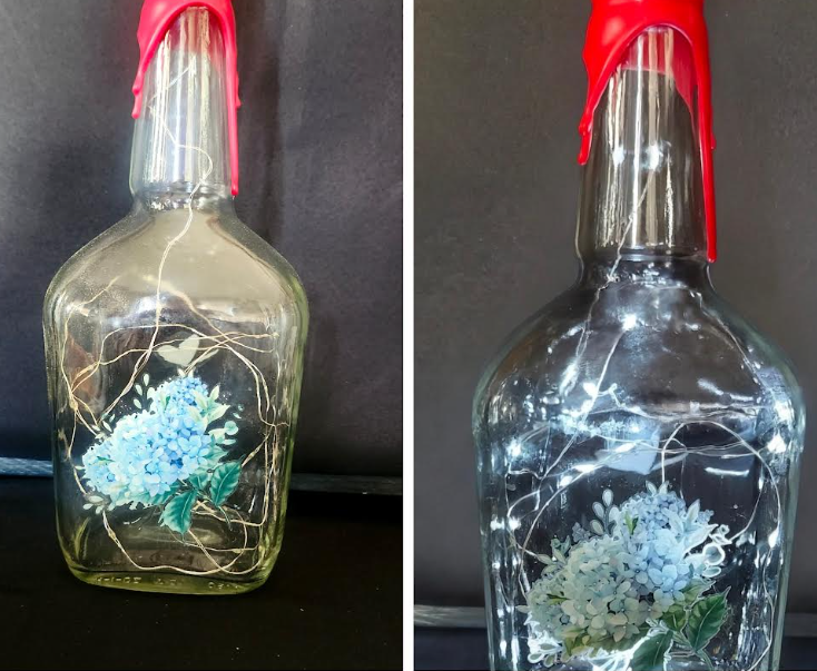 Illuminated Bluebird/Blue Flowers Wine Bottles