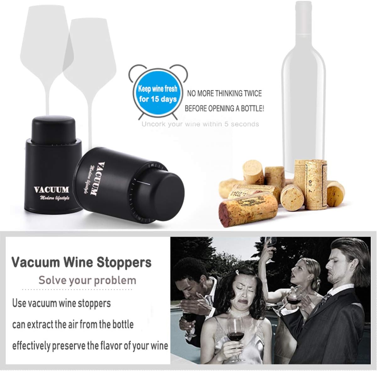 Wine Bottle Stoppers, Real Vacuum Stoppers, Reusable Wine Preserver