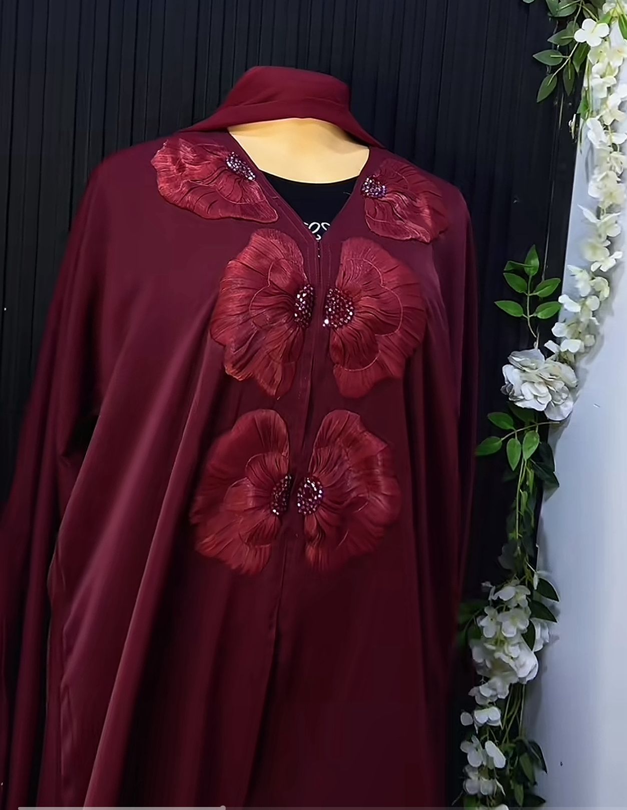 Maroon Floral Embroidered Abaya