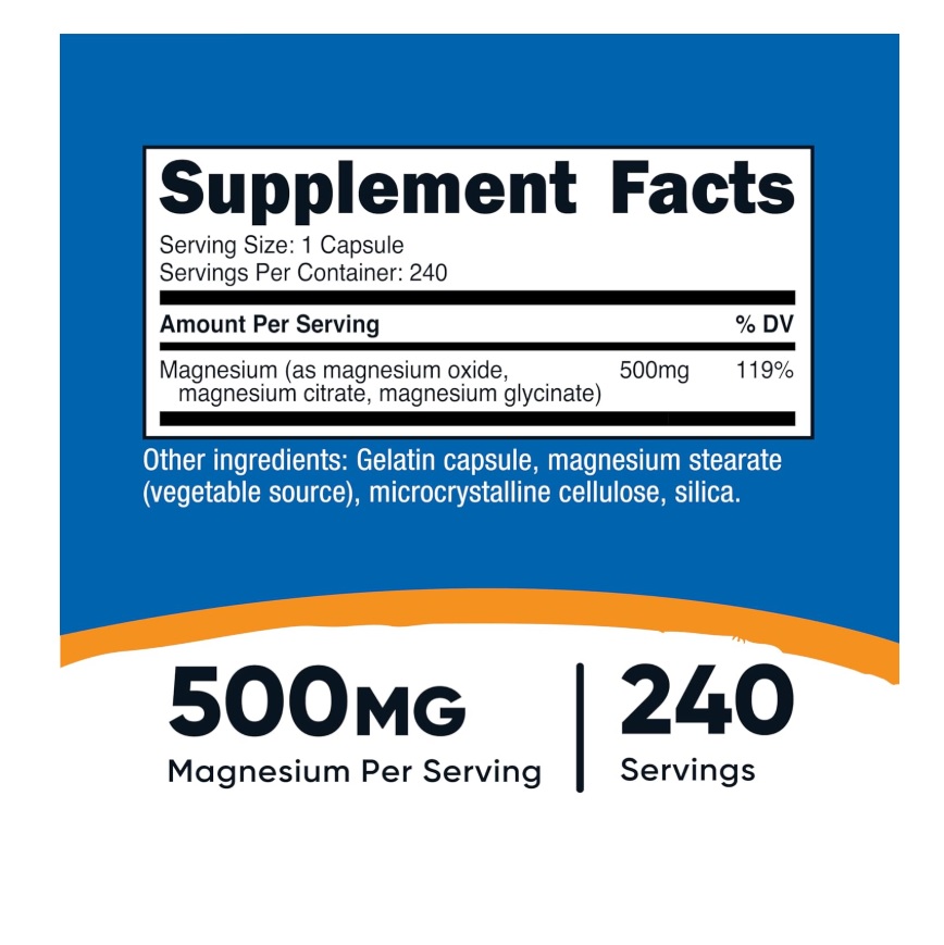 Magnesio Complex Nutricost 500mg 240 Cápsulas Óxido Citrato Y Glicinato De Magnesio