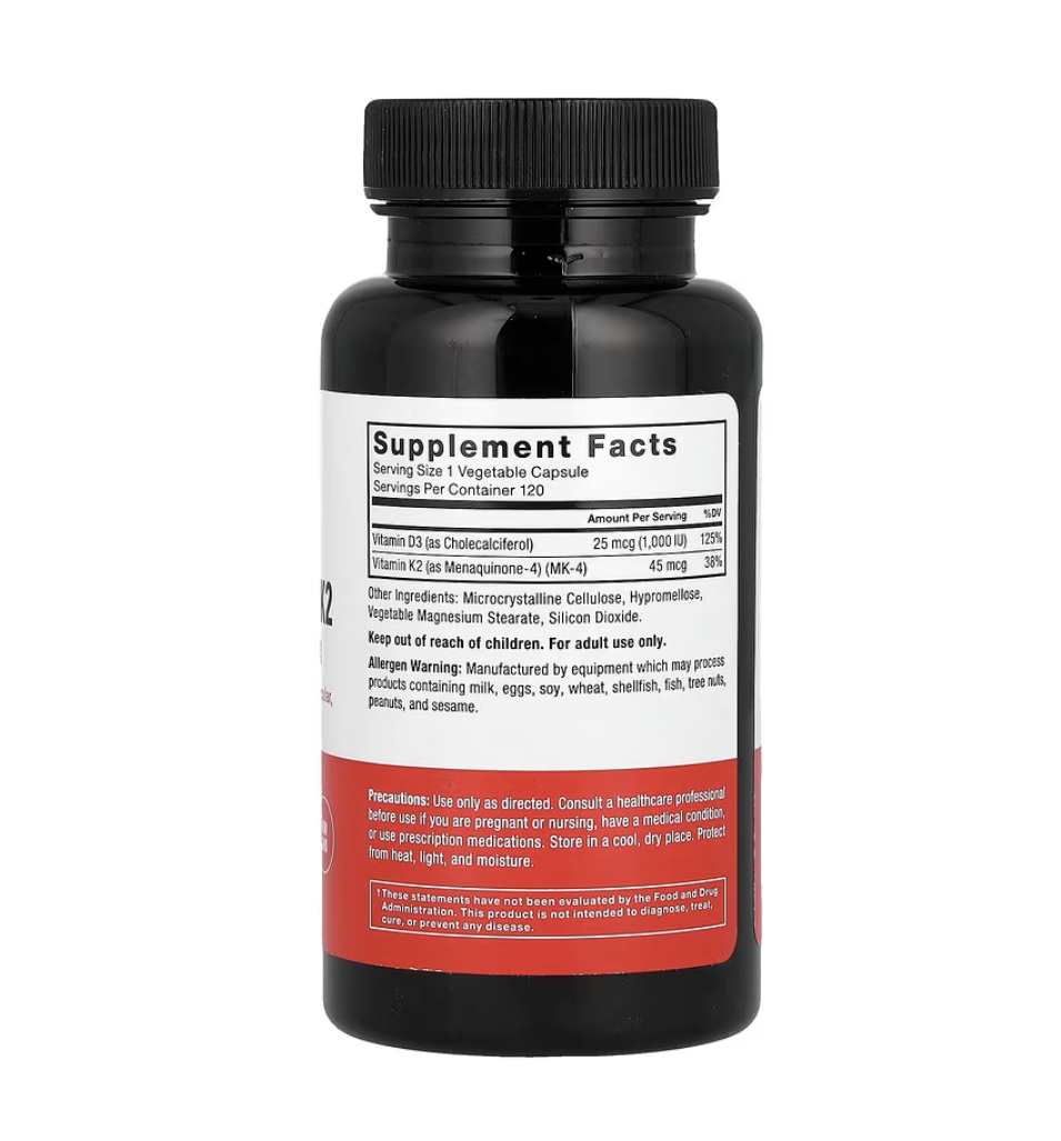 Vitaminas D3 + K2 120 Cápsulas Vegetales 120 Servicios