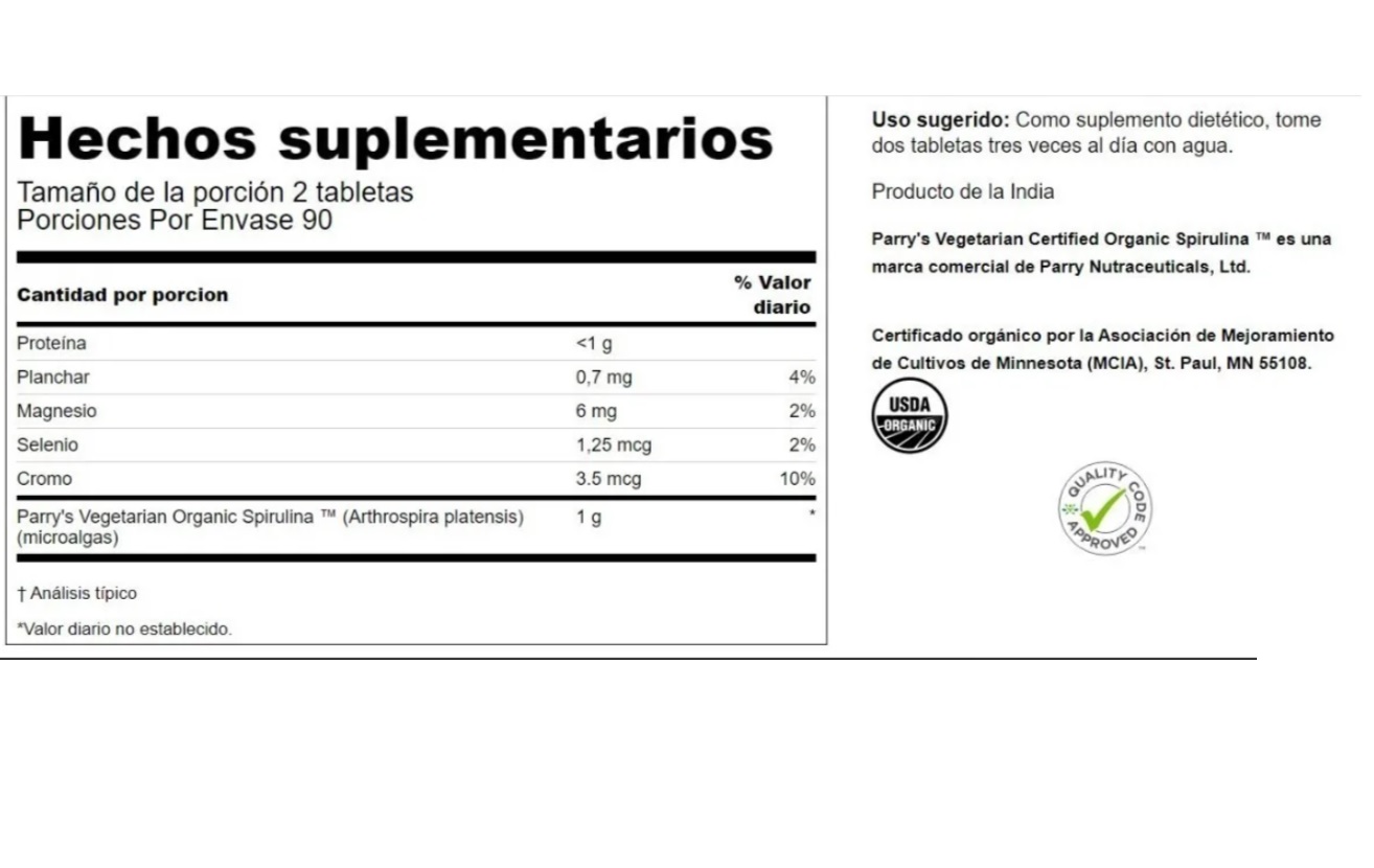 Espirulina 100% Orgánica 500mg 180 Tabletas Apoyo Antioxidante Sin Sabor