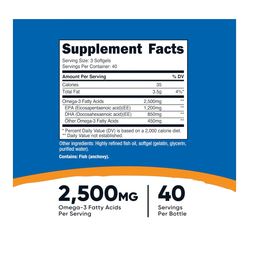 Nutricost Omega-3 2500 Mg 120 Cápsulas Epa 1200mg Dha 850mg Sin Sabor