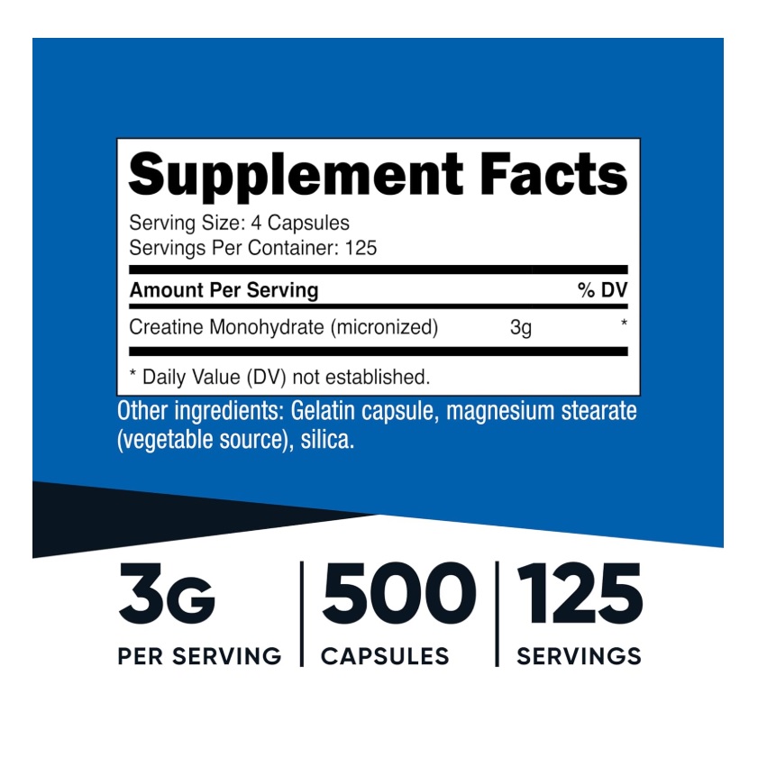 Suplemento Nutricost De Monohidrato De Creatina Micronizada 500 Cápsulas 125 Servicios