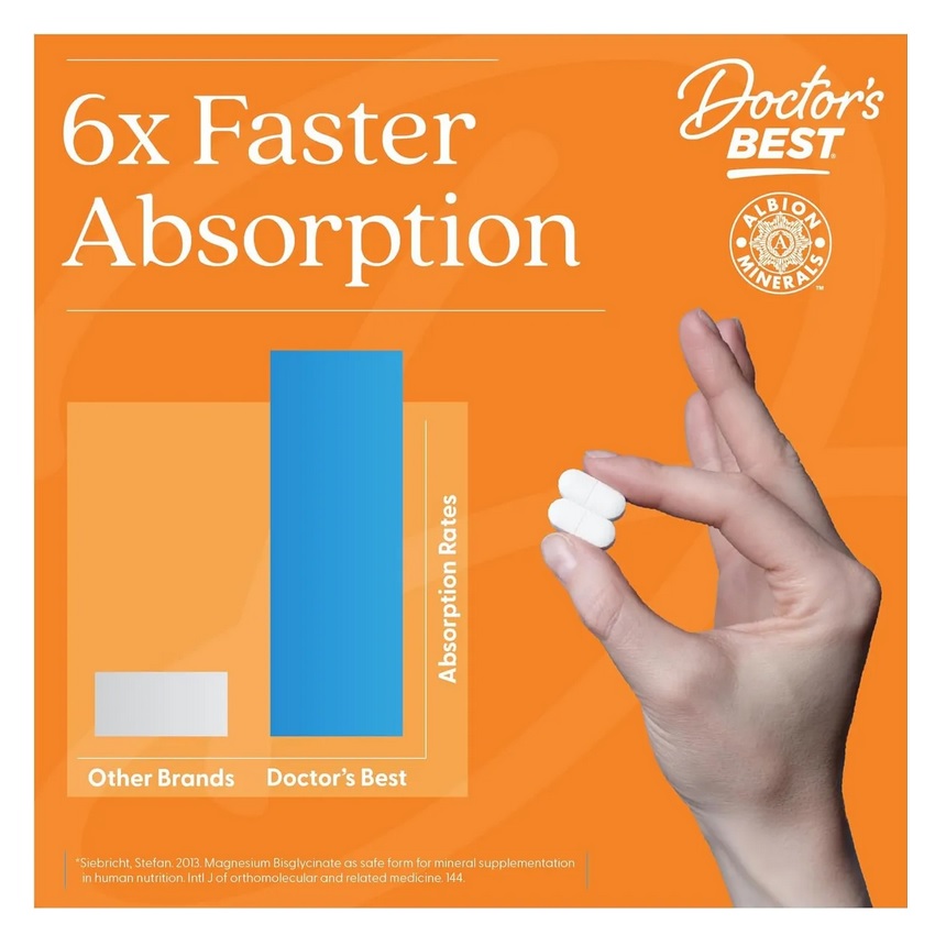 Doctors Best Magnesio Glicinato Lisinato 200mg 120 Tabletas Alta Absorción Sin Sabor