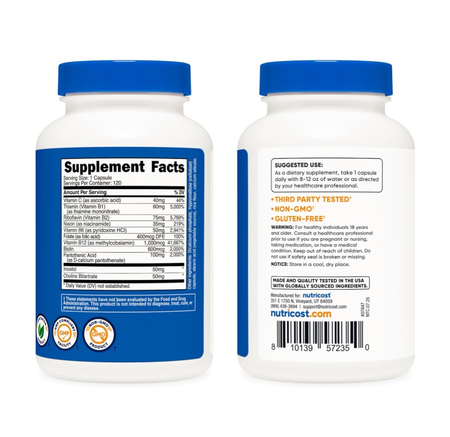 Complejo B 460mg (120 Cápsulas) Nutricost B Complex Vitamina Sin Sabor