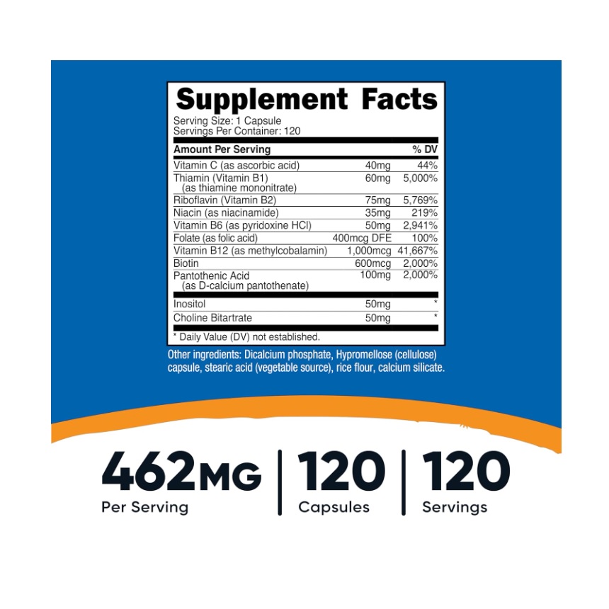 Complejo B 460mg (120 Cápsulas) Nutricost B Complex Vitamina Sin Sabor